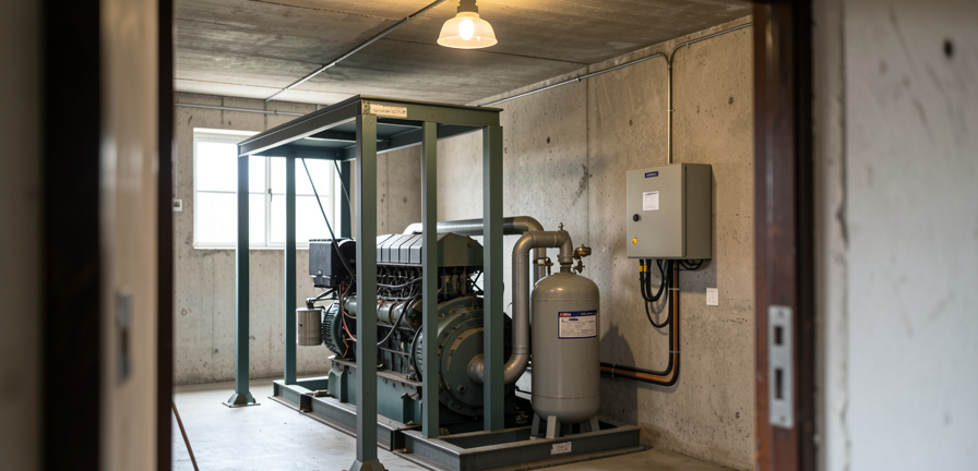 A small industrial generator room with a canopy set, fuel day tank and transfer panel, lit by a single overhead lamp, shot from the doorway.