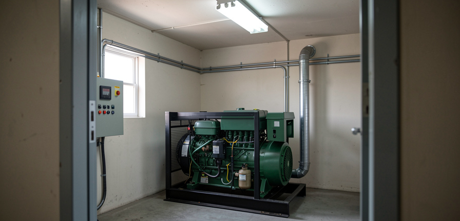 A diesel generator set inside a small industrial plant room, with an automatic transfer switch panel on the wall, a fuel line and exhaust pipe visible, cool overhead fluorescent light, medium wide shot from the doorway.